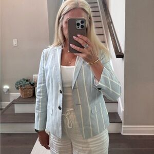 Banana Republic Light Blue and White Striped Linen Blazer